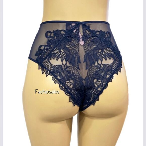 Victorias Secret LUXE Dragón Embroidered Satin Mesh Cheeky Panty Navy Large - Picture 2 of 4